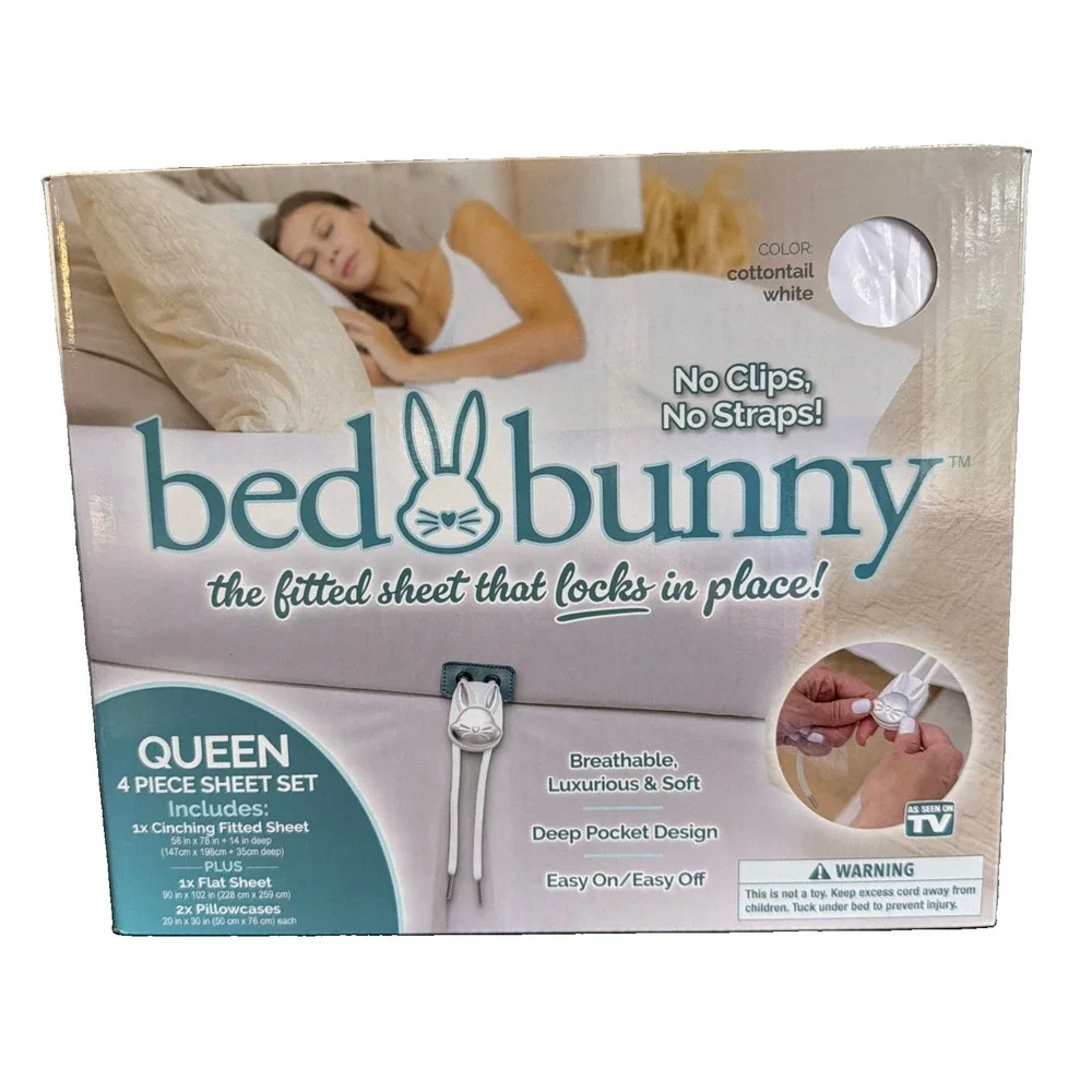 Bed Bunny Locking Fitted Sheet Queen 4pc Set Cottontail White As Seen on TV NEW